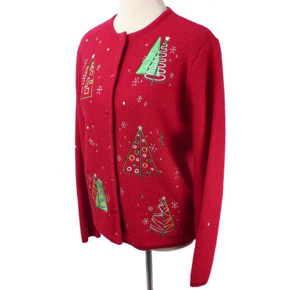 Karen Scott Red Wool Christmas Cardigan Sweater - Picture 2 of 6